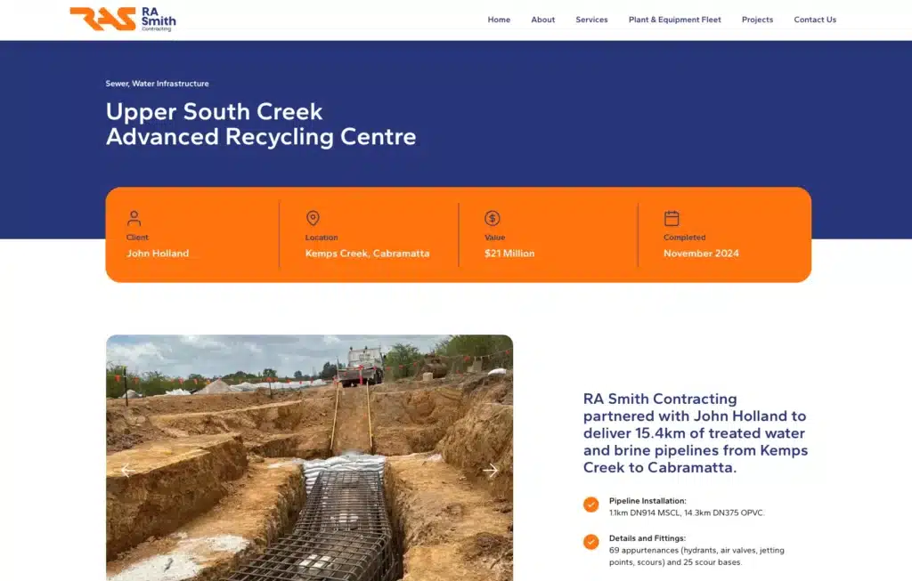 Construction site with workers building a pipeline trench; this impactful design serves as a project showcase for the Upper South Creek Advanced Recycling Centre on the case study website.